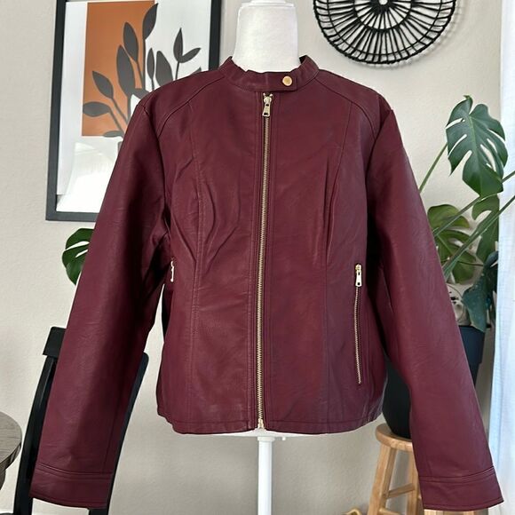NWT Baccini Faux Leather Motorcycle Jacket Burgundy Wine XL Chic Lightweight - Picture 6 of 8
